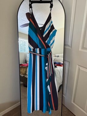 LOFT Teal, Navy, White & Rust Striped Wrap Midi Dress
